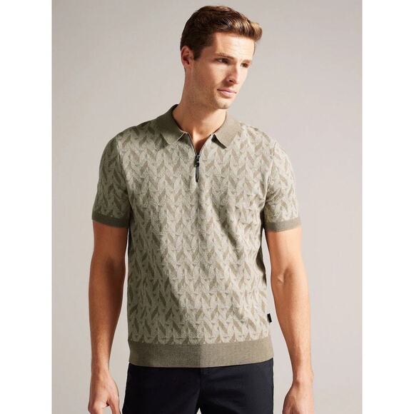Ted Baker Green Mitford Short Sleeve Bouclé Jacquard Zip Polo Men’s Size‎ 7 - Picture 1 of 11